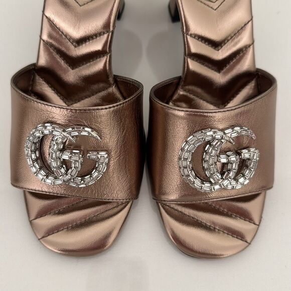 Gucci Marmont EU 37 US 7 Crystal GG Rose Gold Sandals Heels Metallic Nappa New - Picture 4 of 12